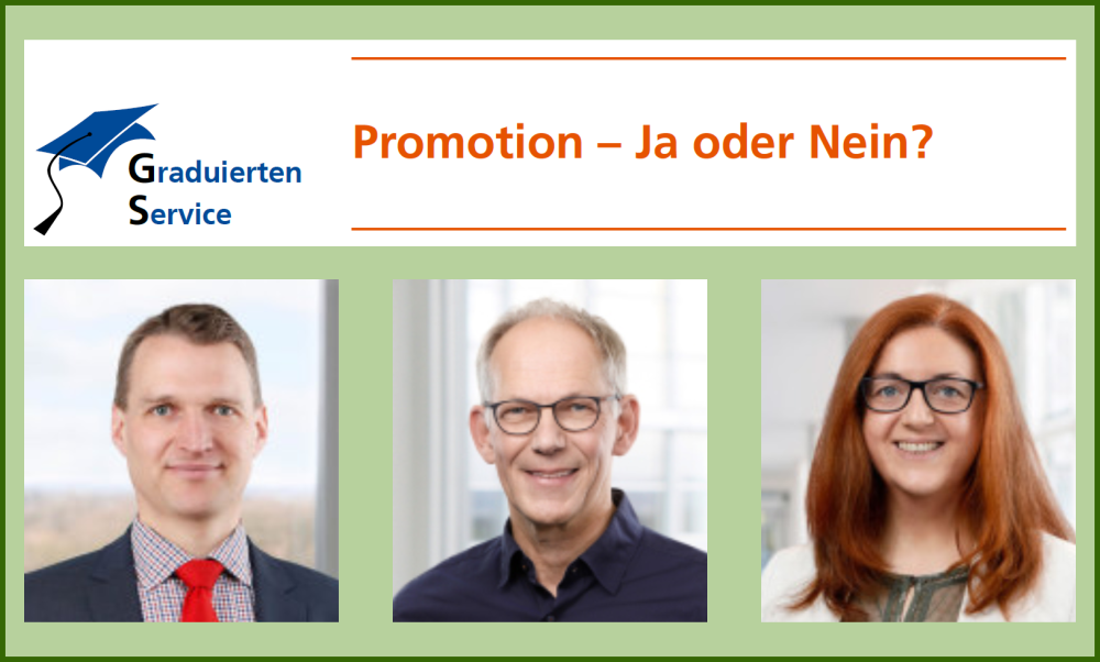 Einladung zur Promotionsinformationsveranstaltung. Dargestellt sind Prof. Meyering, Prof. Kleine und Frau Hauptmann